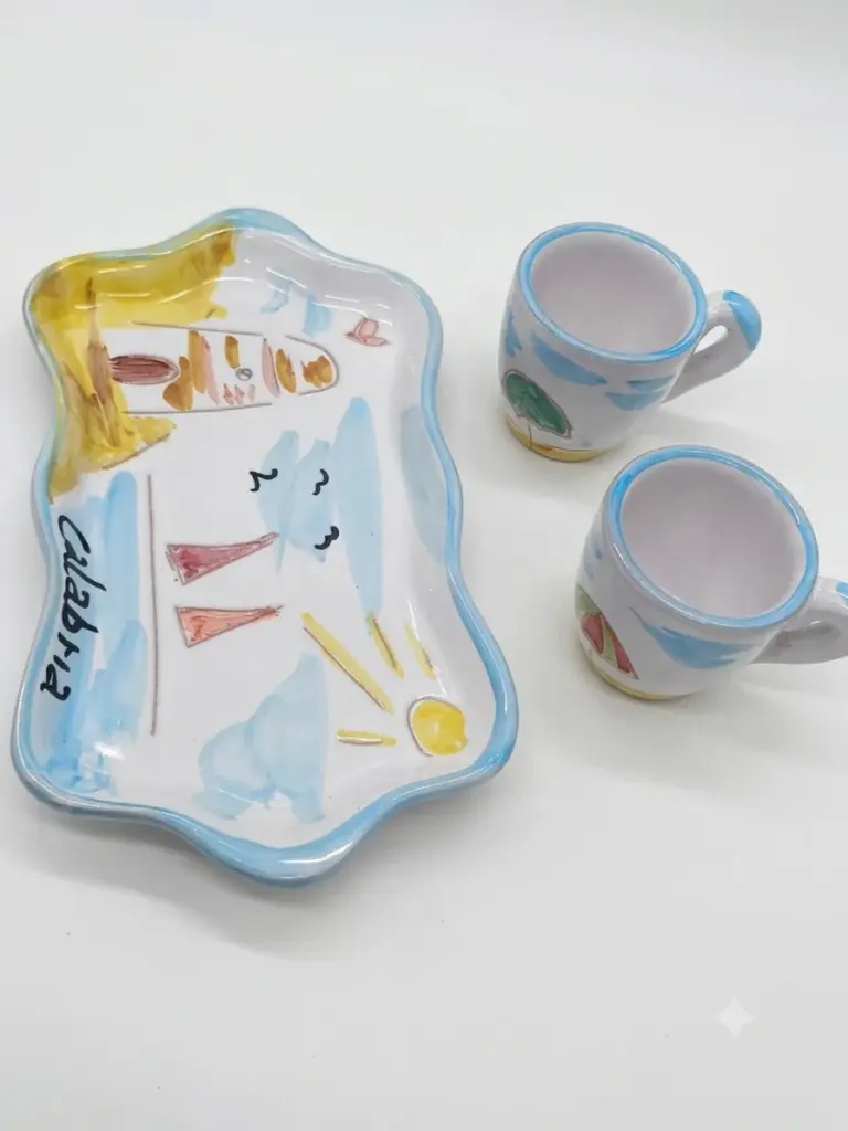 Vassoio sagomato bordo azzurro ondulato con scritta Calabria nera e due tazzine caffè ceramica smaltata, motivi rossi gialli e verdi su fondo bianco