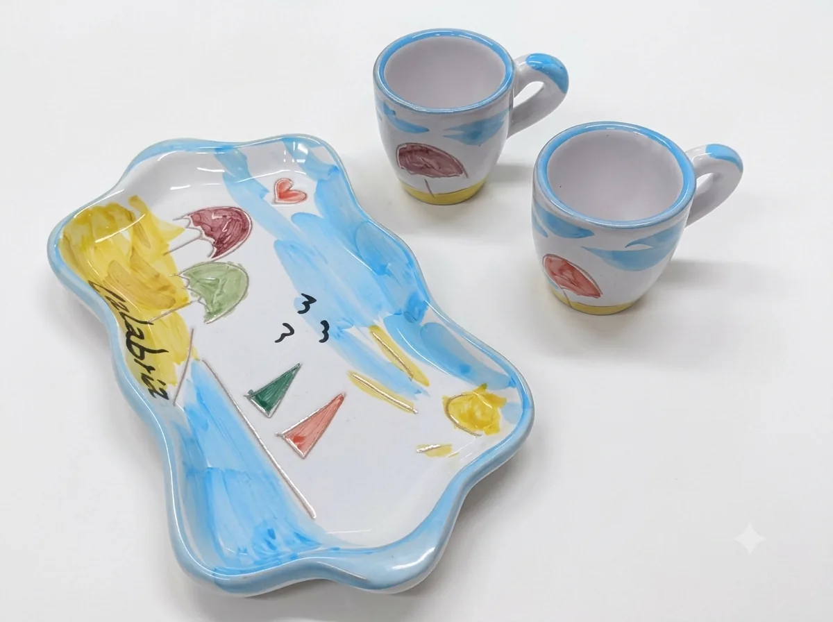 Set tazzine caffè ceramica bianca con vassoio sagomato ondulato, decori azzurri, ombrelloni colorati e scritta Calabria in nero