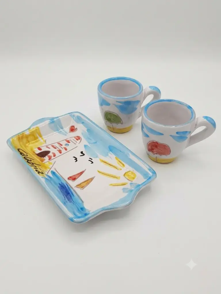 Set ceramica due tazzine da caffè e vassoio rettangolare bianco con decori azzurri, faro, sole e scritta Calabria