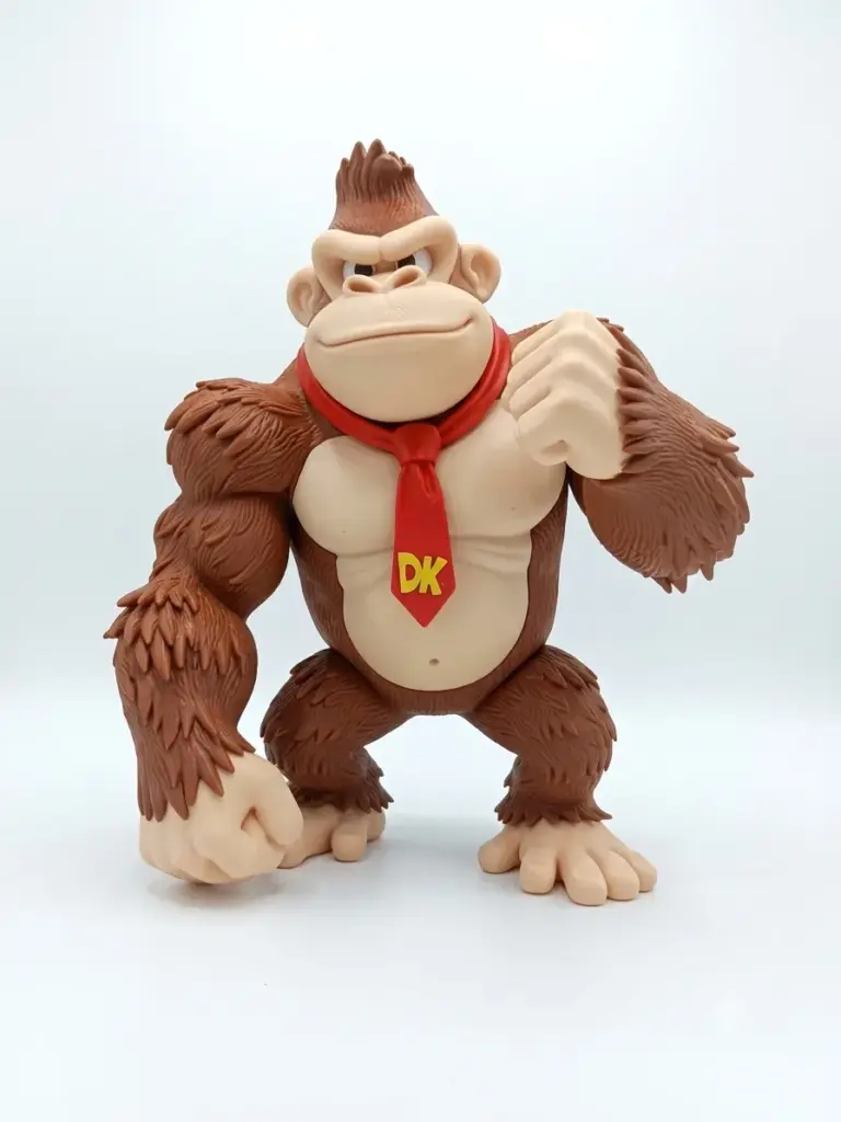 Statuetta 3D in PLA di Donkey Kong con pelliccia marrone a ciuffi, petto beige, cravatta rossa e sigla DK gialla, pugno alzato