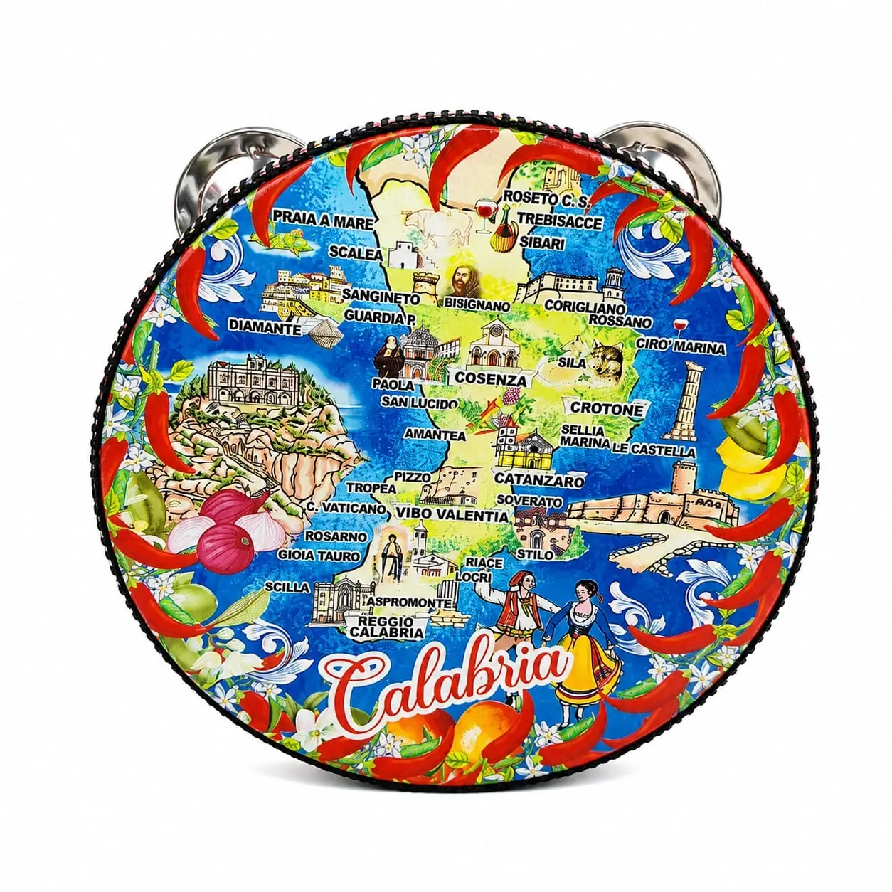 Tamburello grande decorato con mappa colorata della Calabria, scritta Calabria, peperoncini rossi e figure in costume su fondo blu
