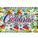 Targa metallica Calabria con scritta in corsivo rosso, motivi floreali blu e bianchi, peperoncini rossi e bordi giallo-dorati