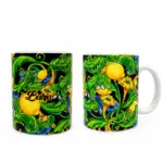 Due tazze ceramica fondo nero con decorazione barocca verde, limoni gialli, fiori arancio, tocchi blu e scritta Bahja in corsivo