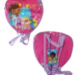 Zaino a cuore rosa fucsia con spallacci lilla, grafica Dottoressa Peluche e scritta I love you more than lollipops, vista fronte e retro