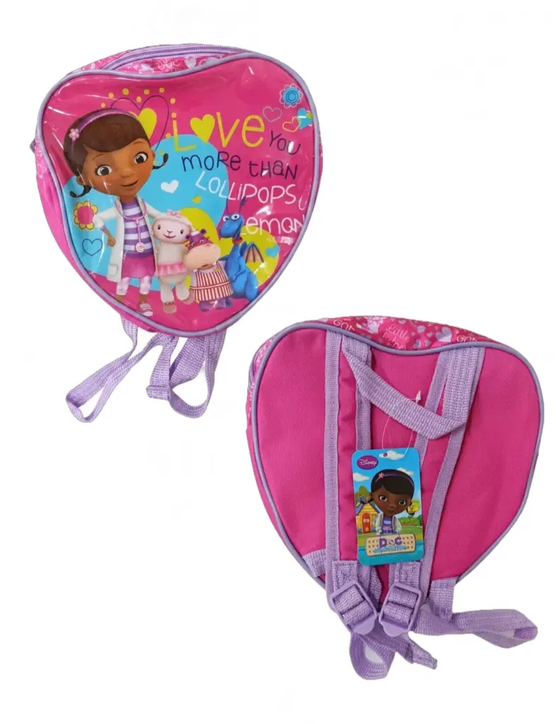 Zaino a cuore rosa fucsia con spallacci lilla, grafica Dottoressa Peluche e scritta I love you more than lollipops, vista fronte e retro